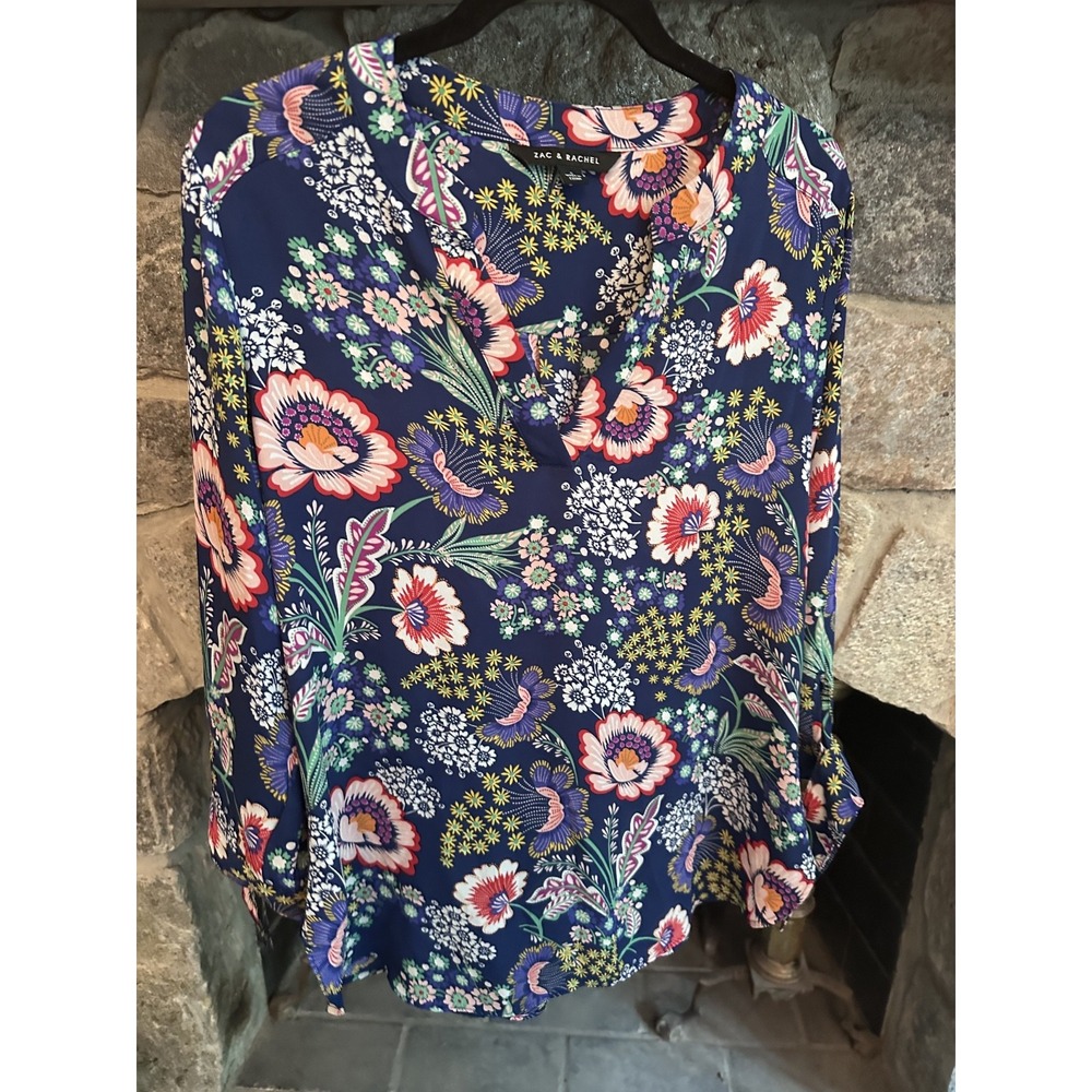 Zac & Rachel S Navy Floral Boho Blouse V Neck Long Sleeve Romantic Cottagecore - Picture 2 of 8